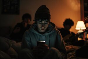 A young man in a hoodie sits on a bed, focused on his phone, with a relaxed expression.