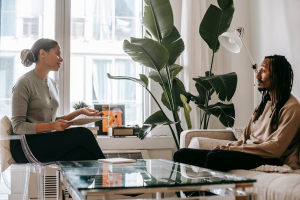 An image of a man talking to a therapist