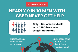 Infographic showing that most men with CSBD never get help.