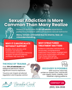 Sexual addiction impacts 3–6% of adults. Paradise Creek Recovery offers trauma-informed, evidence-based treatment for lasting recovery.