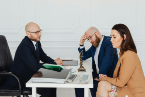 This photo shows a couple with a lawyer.