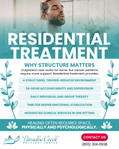 Infographic explaining residential treatment benefits, including structured environment, 24-hour supervision, therapy, and emotional stabilization for recovery.